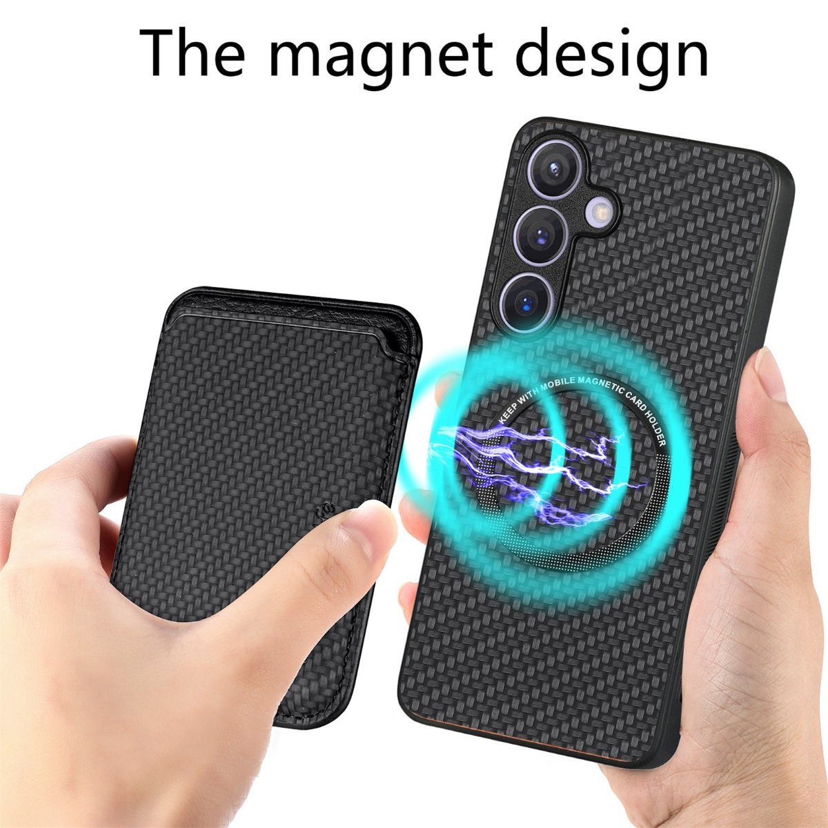 Hände halten eine magnetische Handyhülle mit passender Kartenhalterung und Kohlefaseroptik.