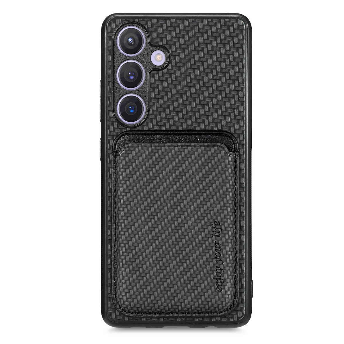 Eine schwarze Smartphone-Hülle mit Kohlefaser-Textur, drei vertikalen Kameras und einer integrierten Kartentasche.