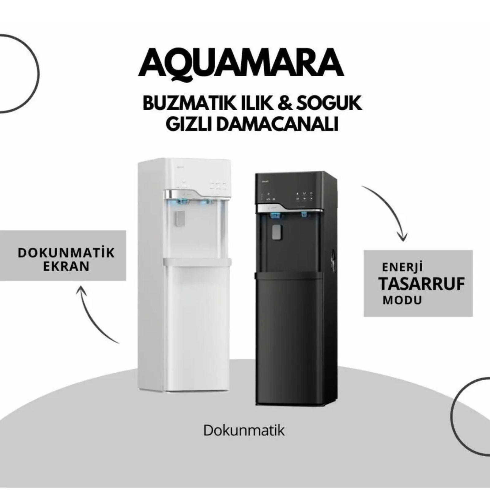 Dokunmatik ekranlı ve enerji tasarruf modlu beyaz ve siyah renkli iki Aquamara su sebili.