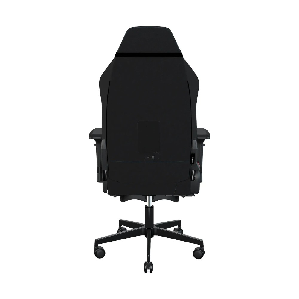 Tekerlekli siyah ergonomik oyuncu koltuğunun arka görünümü.