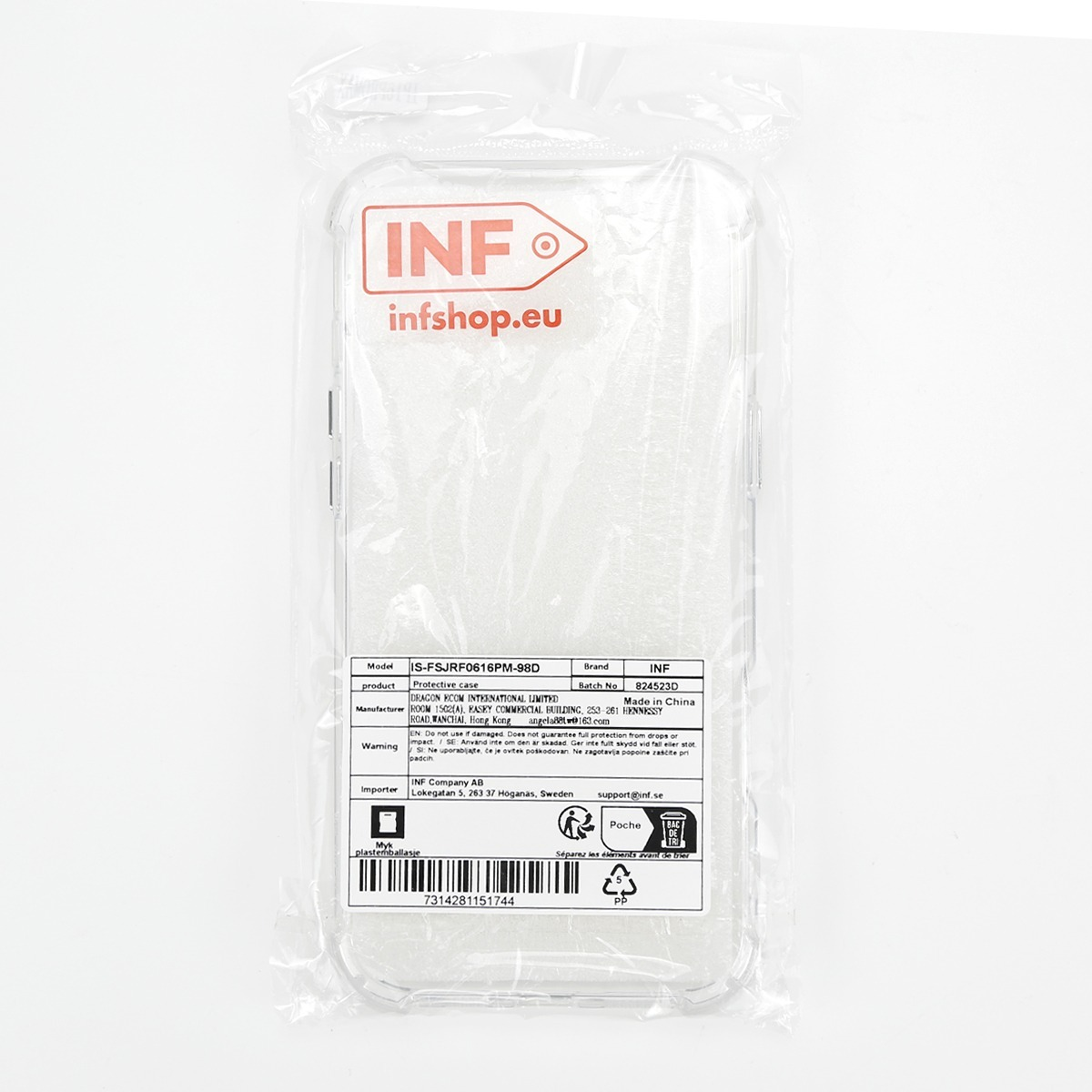 Transparente Schutzhülle in versiegelter Plastikverpackung mit Produktetikett.
