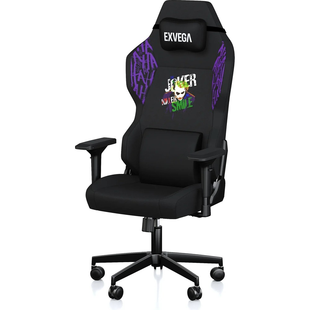 Beyaz arka planda Joker grafiği ve mor desenleri olan siyah Exvega oyuncu koltuğu.