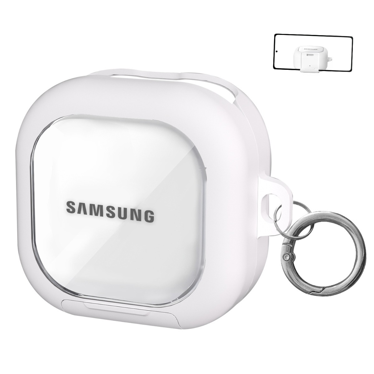 Weiße Samsung Kopfhörerhülle mit durchsichtiger Vorderseite und Schlüsselring.