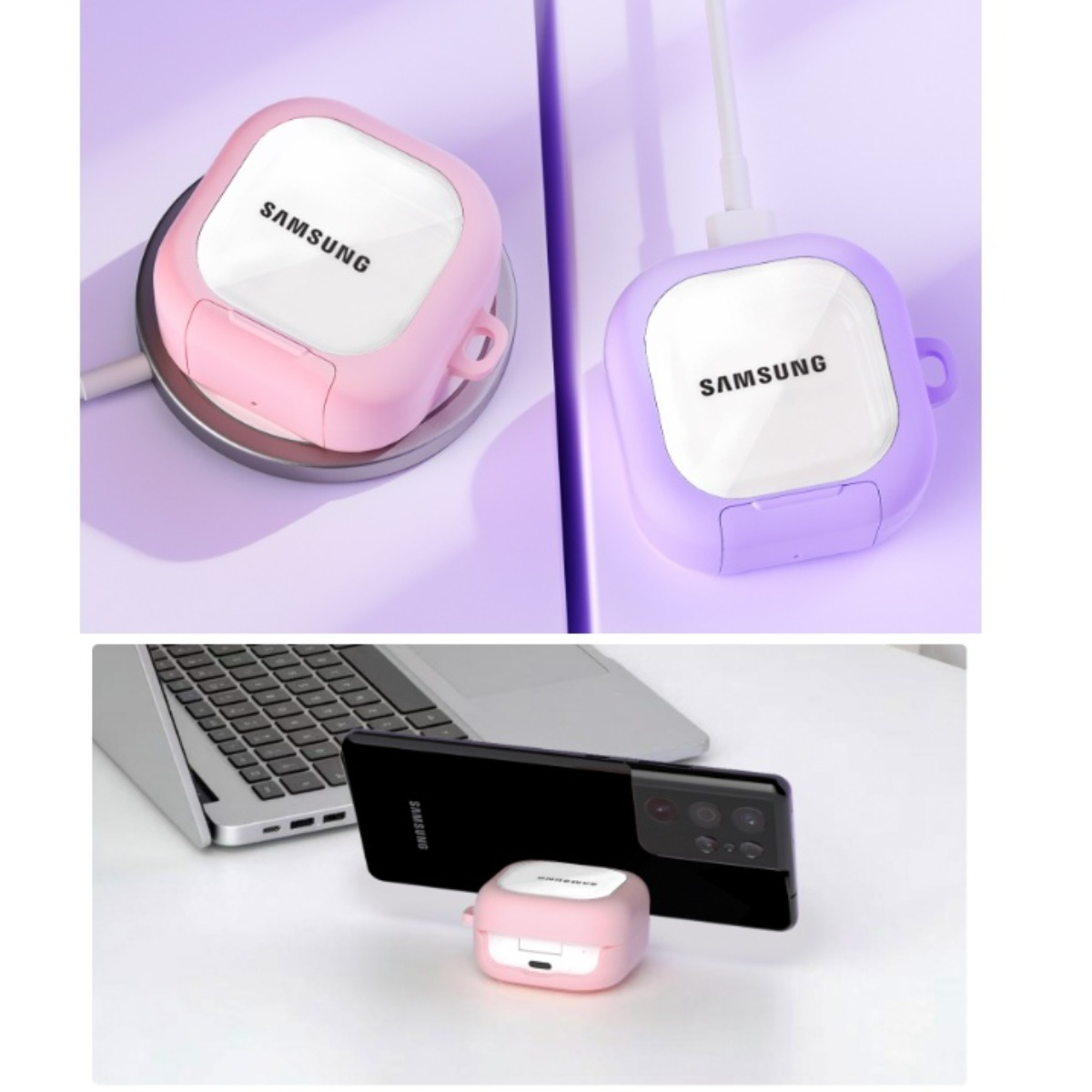 Rosa und lila Samsung-Ohrhörerhüllen auf lilafarbenem Untergrund, eine auf dem Ladefeld.