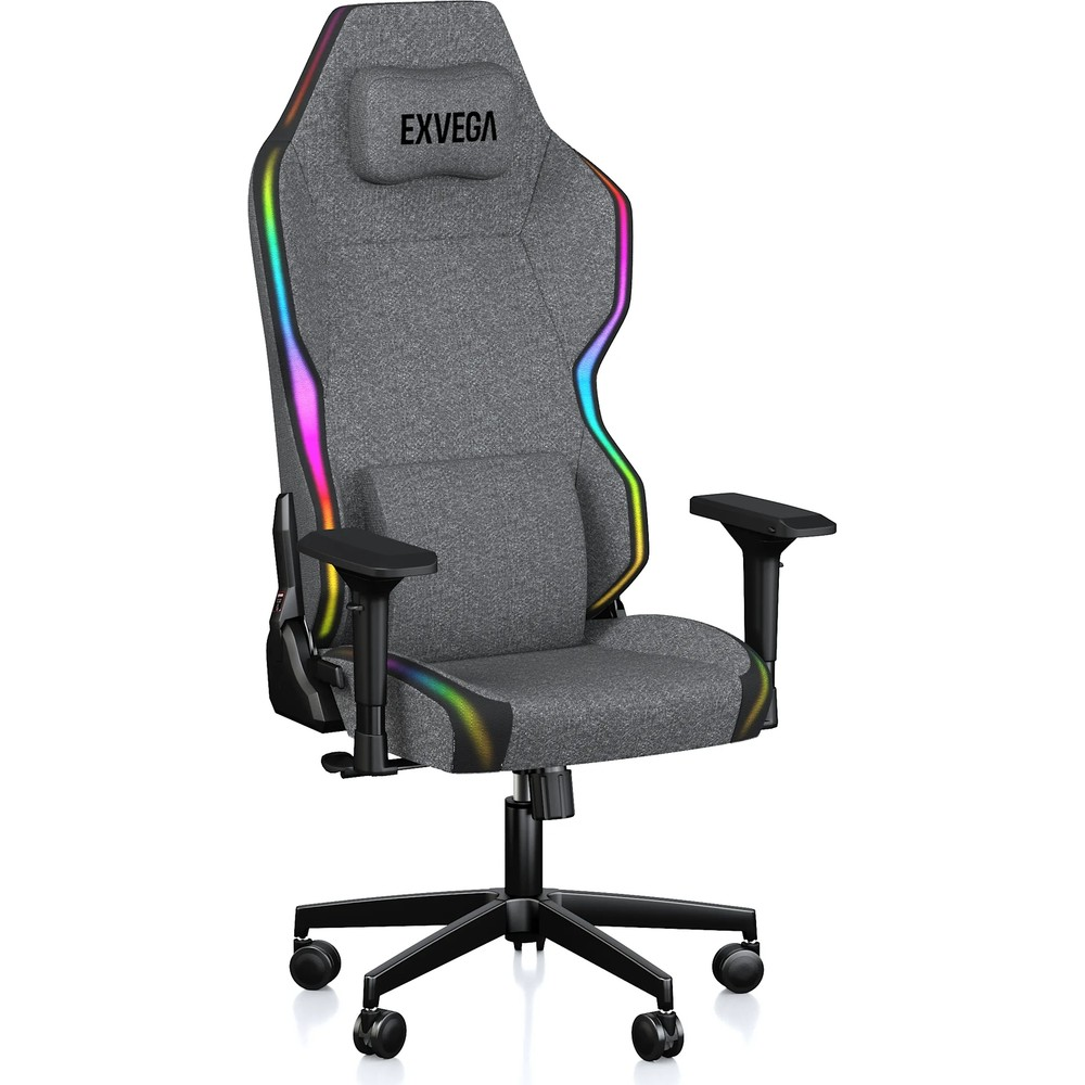 Beyaz arkaplanda RGB aydınlatmalı, baş destekli, bel yastıklı ve siyah tekerlekli tabanlı gri EXVEGA oyuncu koltuğu.
