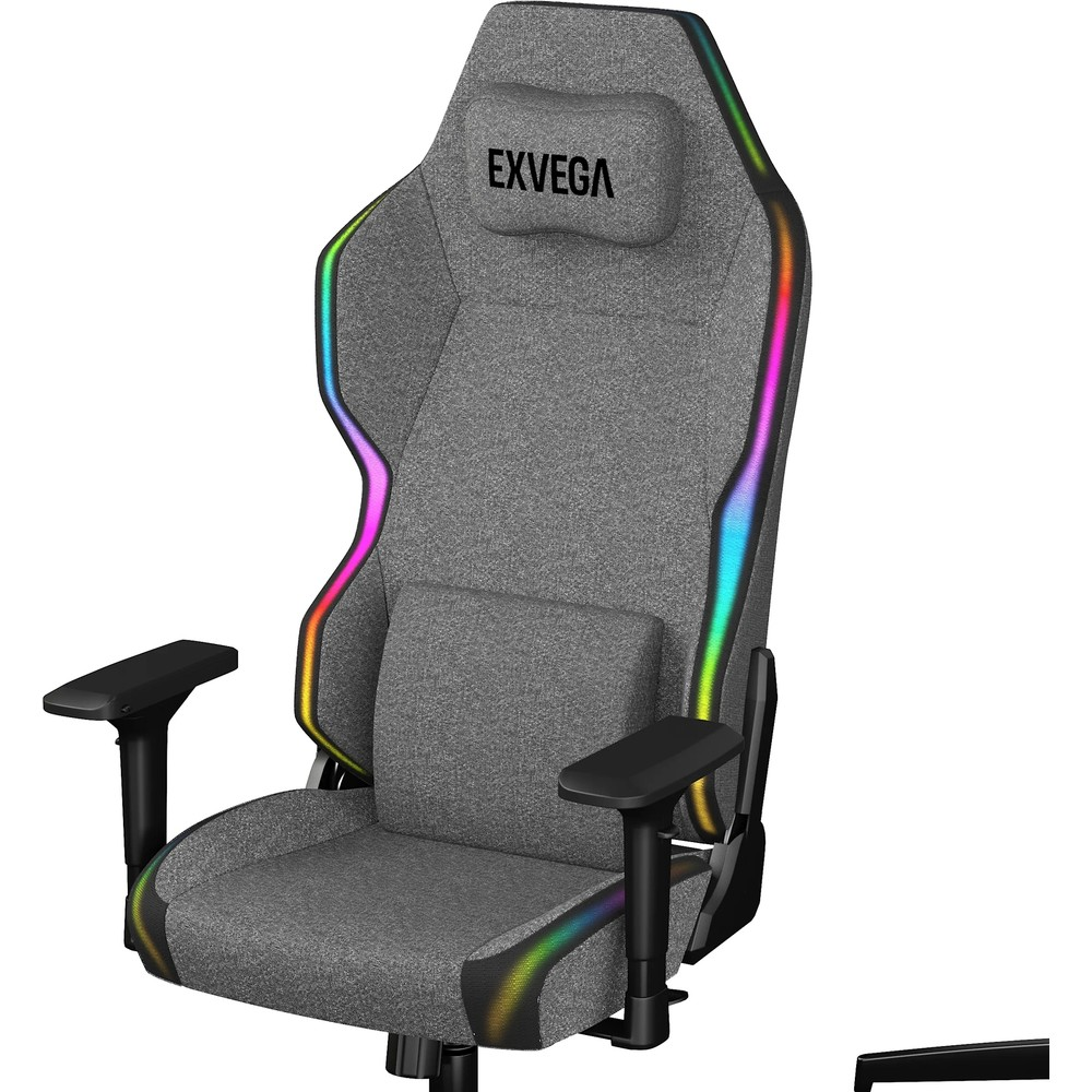 Kenarlarında RGB ışık şeritleri, siyah kolçaklar ve Exvega logolu baş desteği olan gri oyuncu koltuğu.