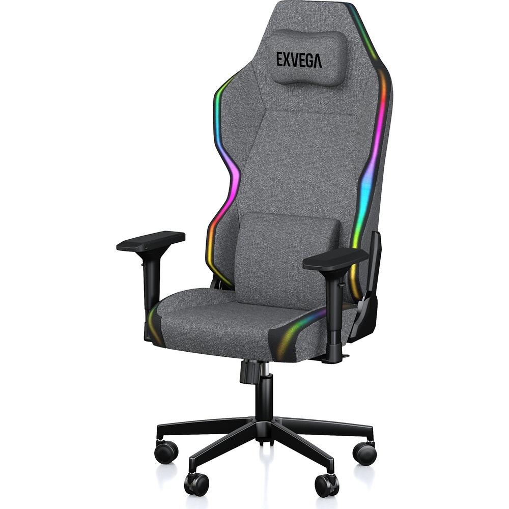 Sırtlığında RGB aydınlatma, baş yastığı, bel yastığı, siyah kolçaklar ve tekerlekli tabana sahip gri oyuncu koltuğu.