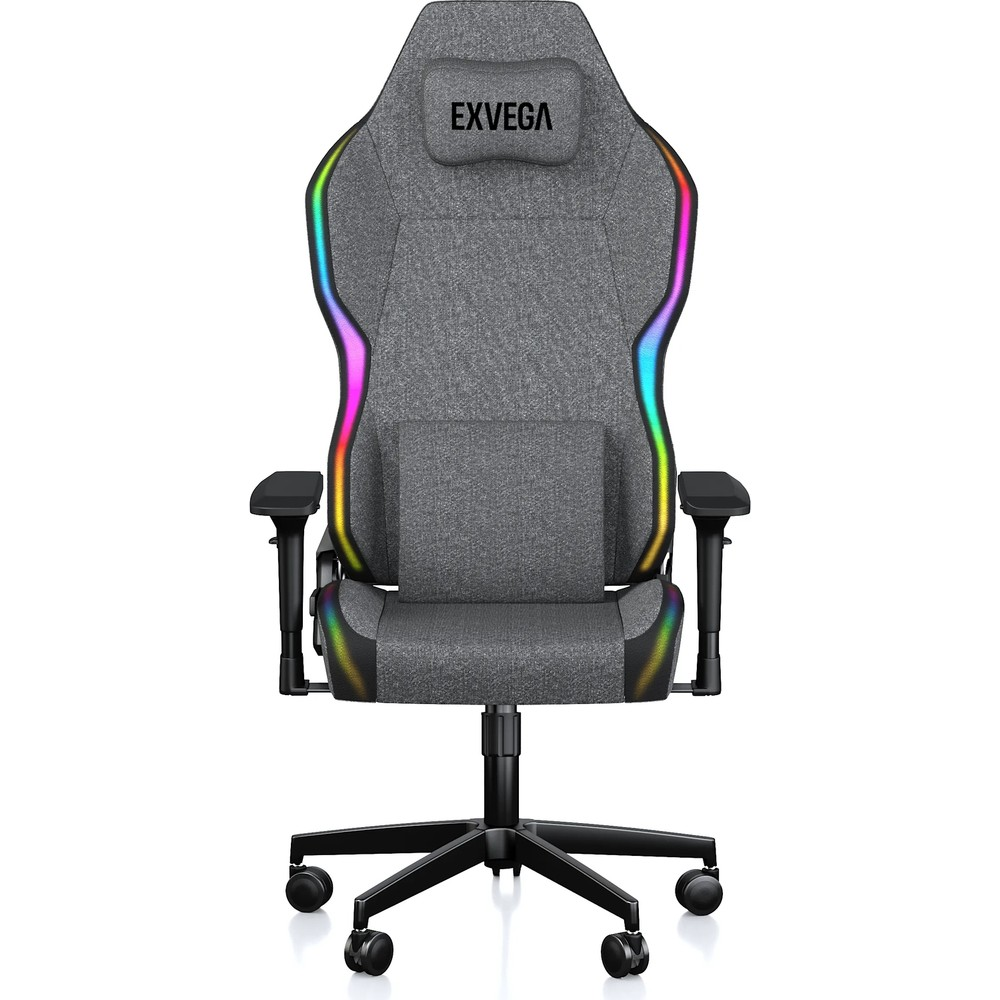 RGB aydınlatmalı, baş ve bel yastıklı, siyah kolçaklı ve tekerlekli gri Exvega oyuncu koltuğu.