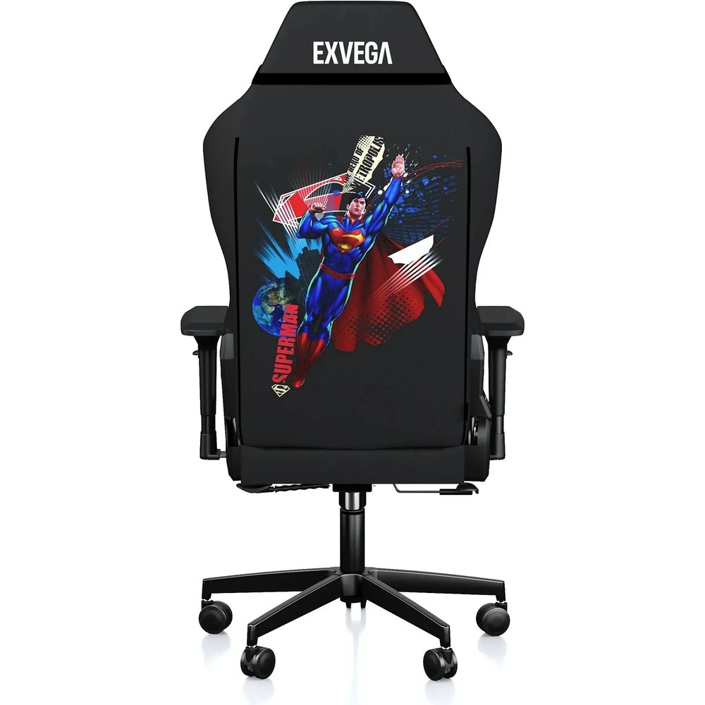 Arkada Superman grafiği bulunan siyah Exvega oyuncu koltuğu.