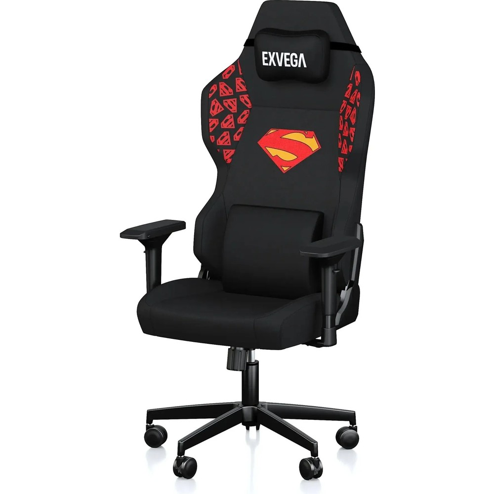 Superman logolu, kafalıklı, kırmızı yan detaylı ve tekerlekli siyah Exvega oyuncu koltuğu.