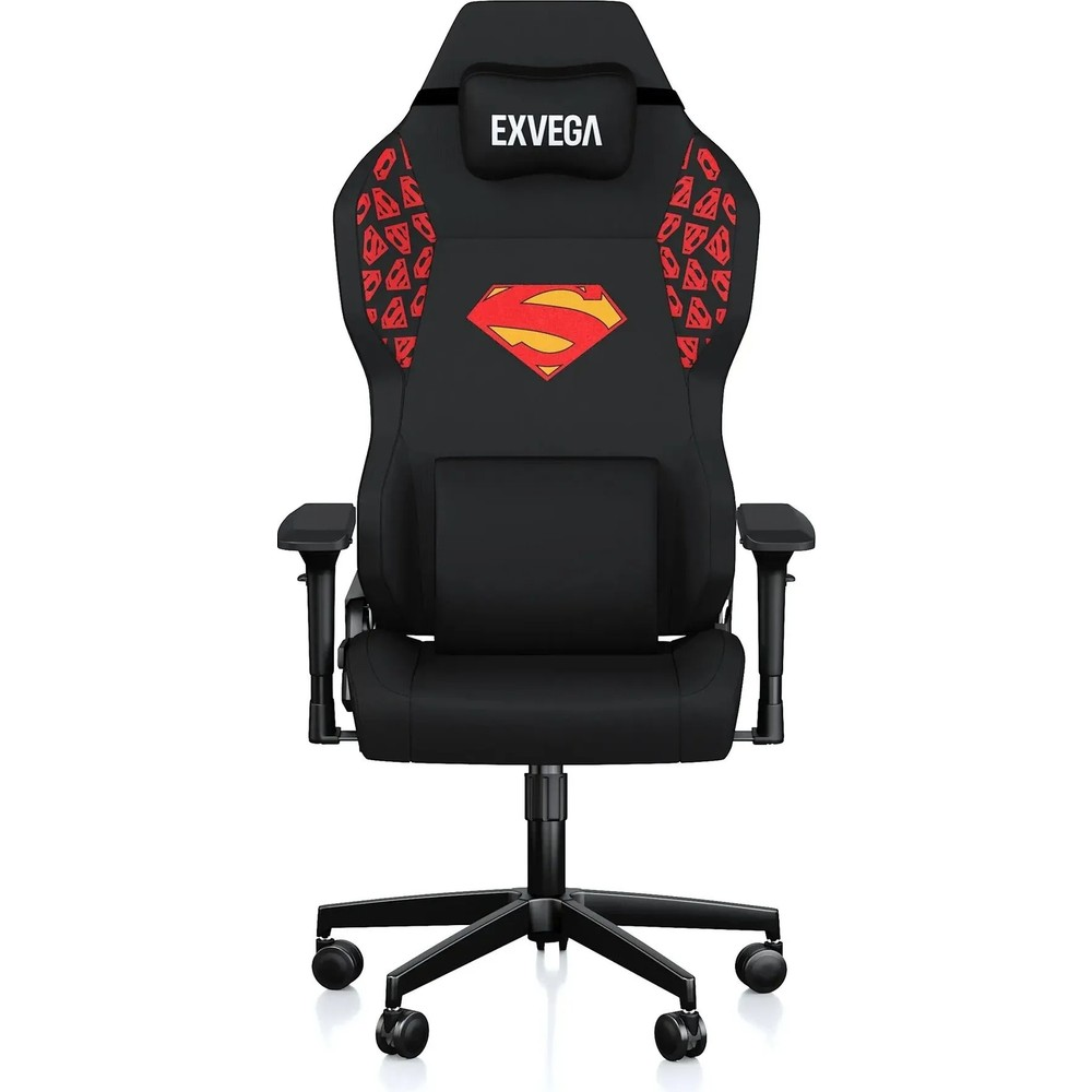 Beyaz arka planda kırmızı Superman sembolleri, kolçaklar ve tekerlekler bulunan siyah bir oyuncu koltuğu.