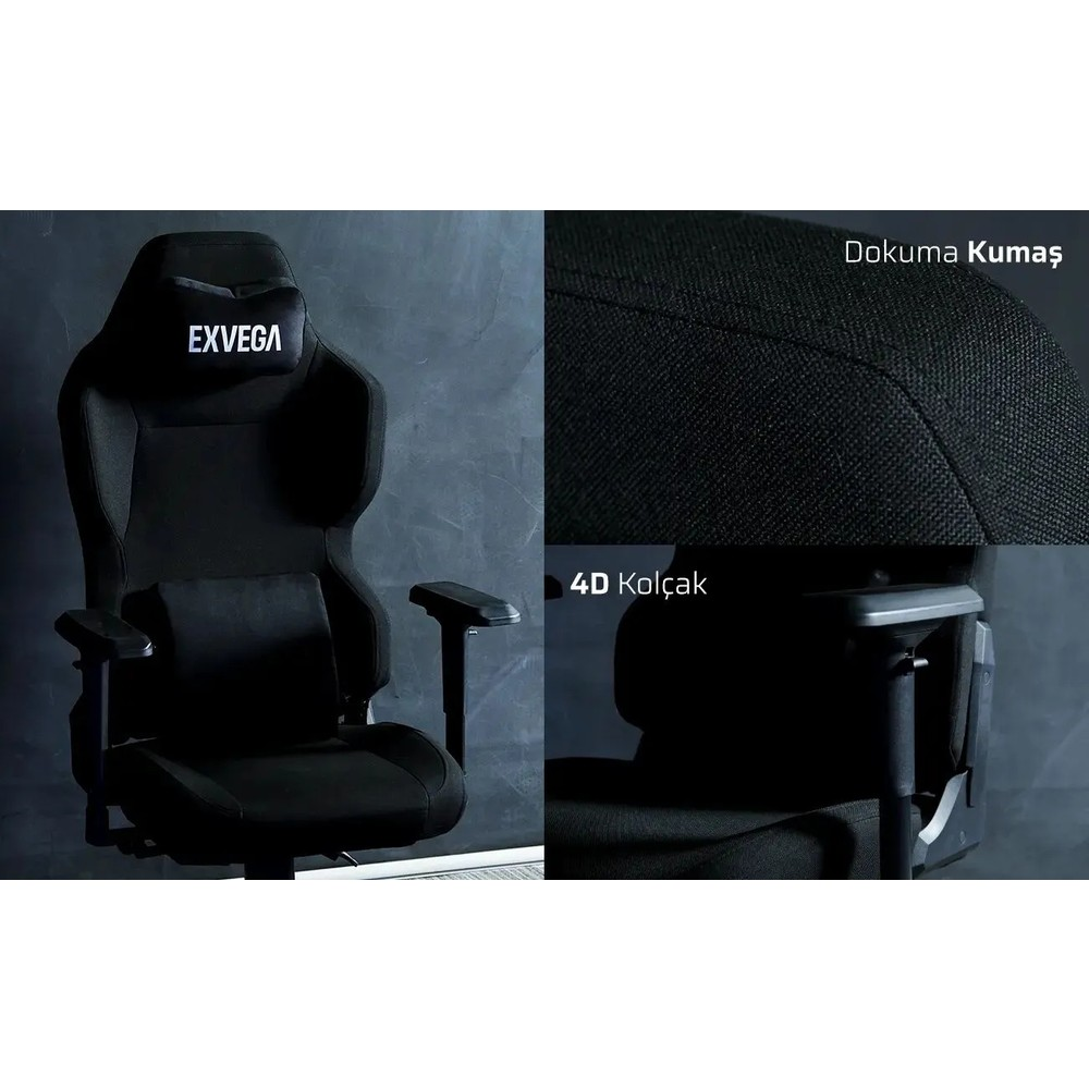 Dokuma kumaş ve 4D kolçak detaylarıyla siyah Exvega oyuncu koltuğu.