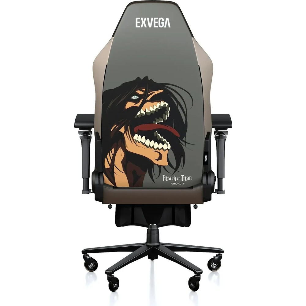 Sırtlığında Attack on Titan karakter grafiği bulunan gri ve kahverengi tasarımlı Exvega oyuncu koltuğu.