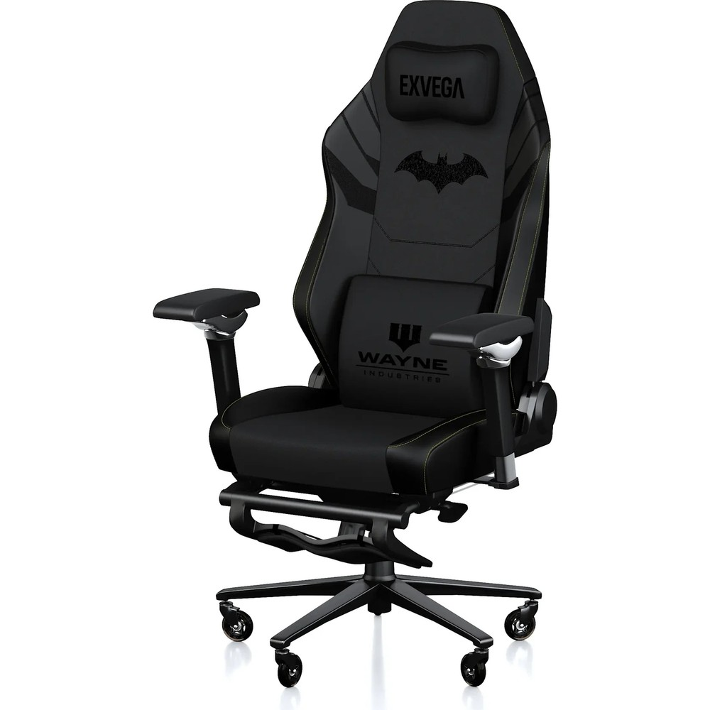 Batman ve Wayne Industries logolu, kolçaklı, tekerlekli ve beyaz arka planlı siyah Exvega oyuncu koltuğu.