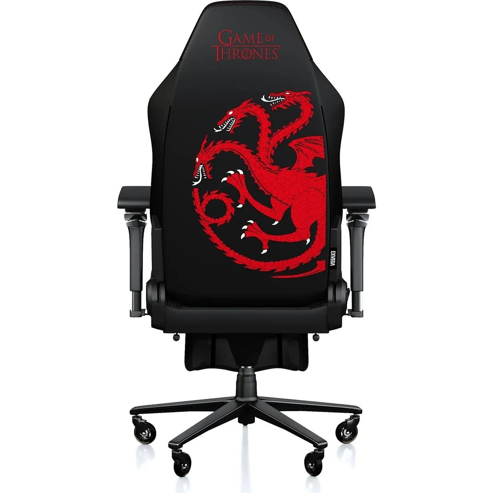 Sırtında kırmızı Game of Thrones ejderha logosu ve yazısı olan siyah oyuncu koltuğu.