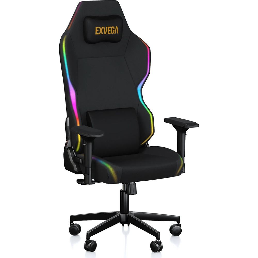 Kafalığında Exvega logosu ve RGB aydınlatması olan siyah oyuncu koltuğu.