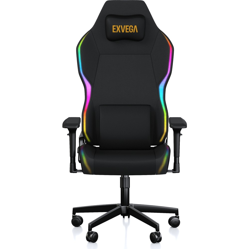 RGB aydınlatmalı, sarı EXVEGA logolu, baş destekli ve tekerlekli siyah oyuncu koltuğu, beyaz arka planda.
