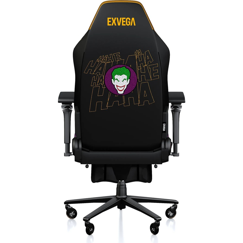 Sırtında Joker grafiği ve sarı Exvega yazısı bulunan siyah oyuncu koltuğu.
