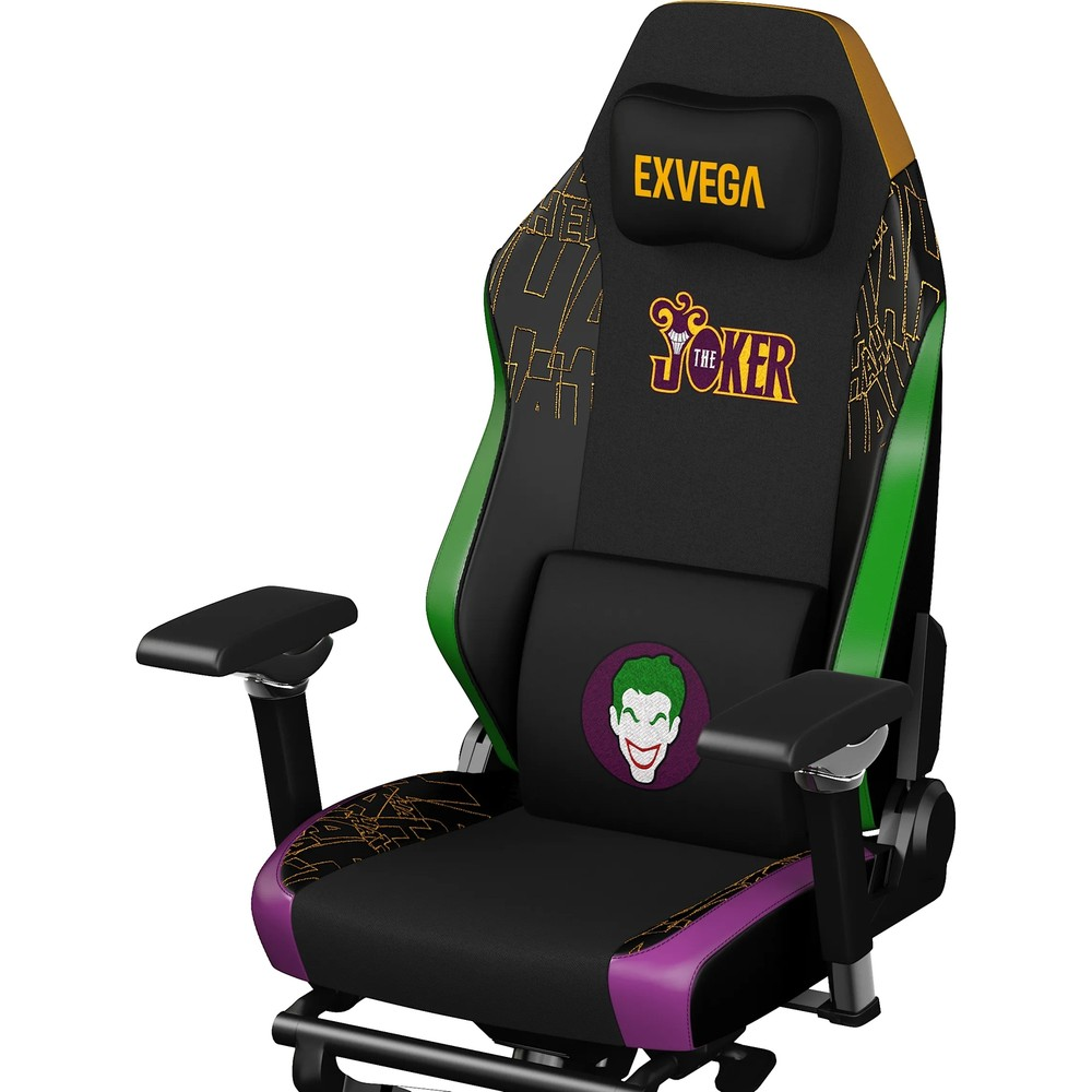 Siyah ve yesil renkli, Joker logolu ve mor detayli Exvega oyuncu koltugu.