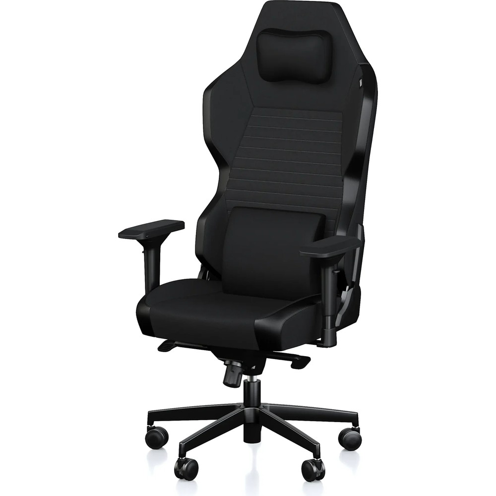 Başlıklı, bel yastıklı ve kollu, tekerlekli ergonomik siyah oyuncu koltuğu.