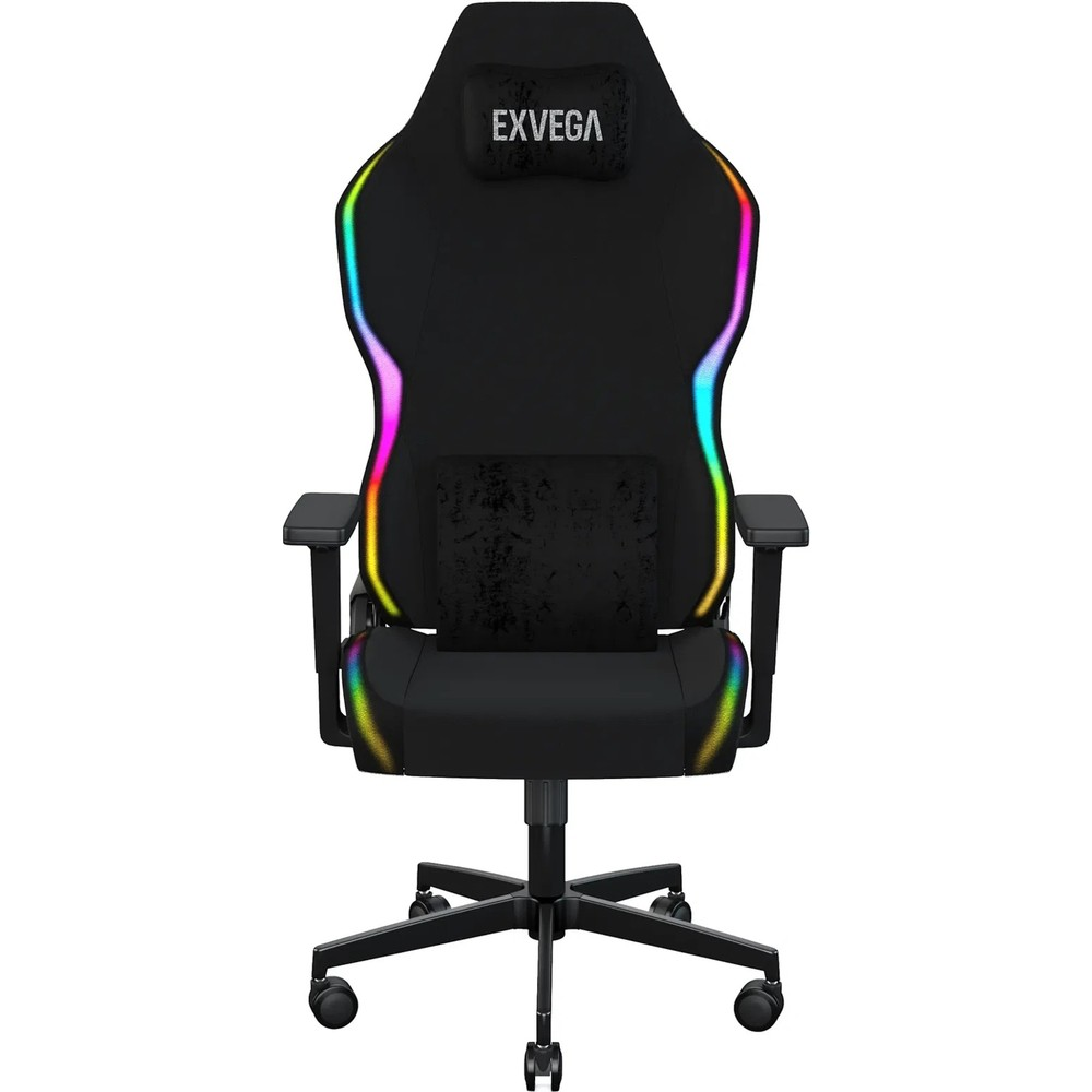 Beyaz arka planda RGB aydınlatmalı, kolçaklı ve bel yastıklı siyah oyuncu koltuğu.