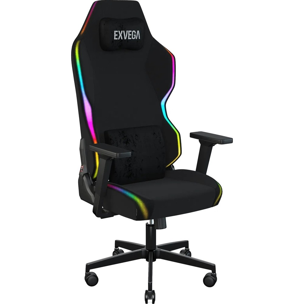 Beyaz arkaplanda RGB aydınlatmalı ve yastıklı siyah Exvega oyuncu koltuğu.
