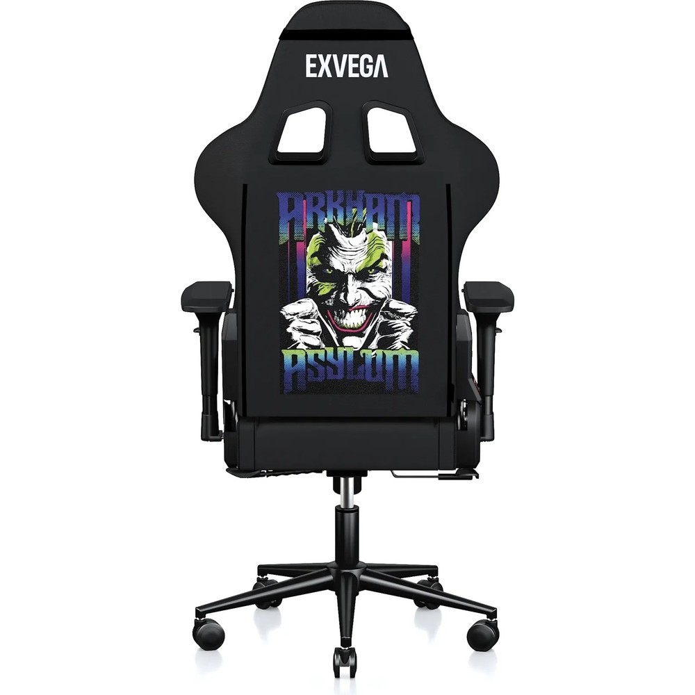 Sırtlığında Arkham Asylum Joker grafiği ve Exvega logosu bulunan siyah bir oyuncu koltuğu.