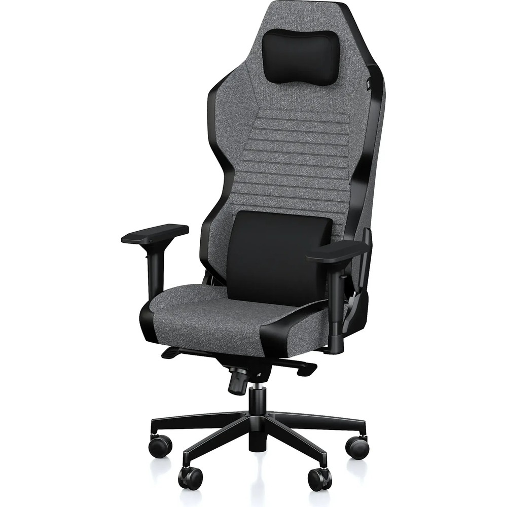 Tekerlekli, yüksek sırtlıklı ve yastıklı gri ve siyah ergonomik oyuncu koltuğu.