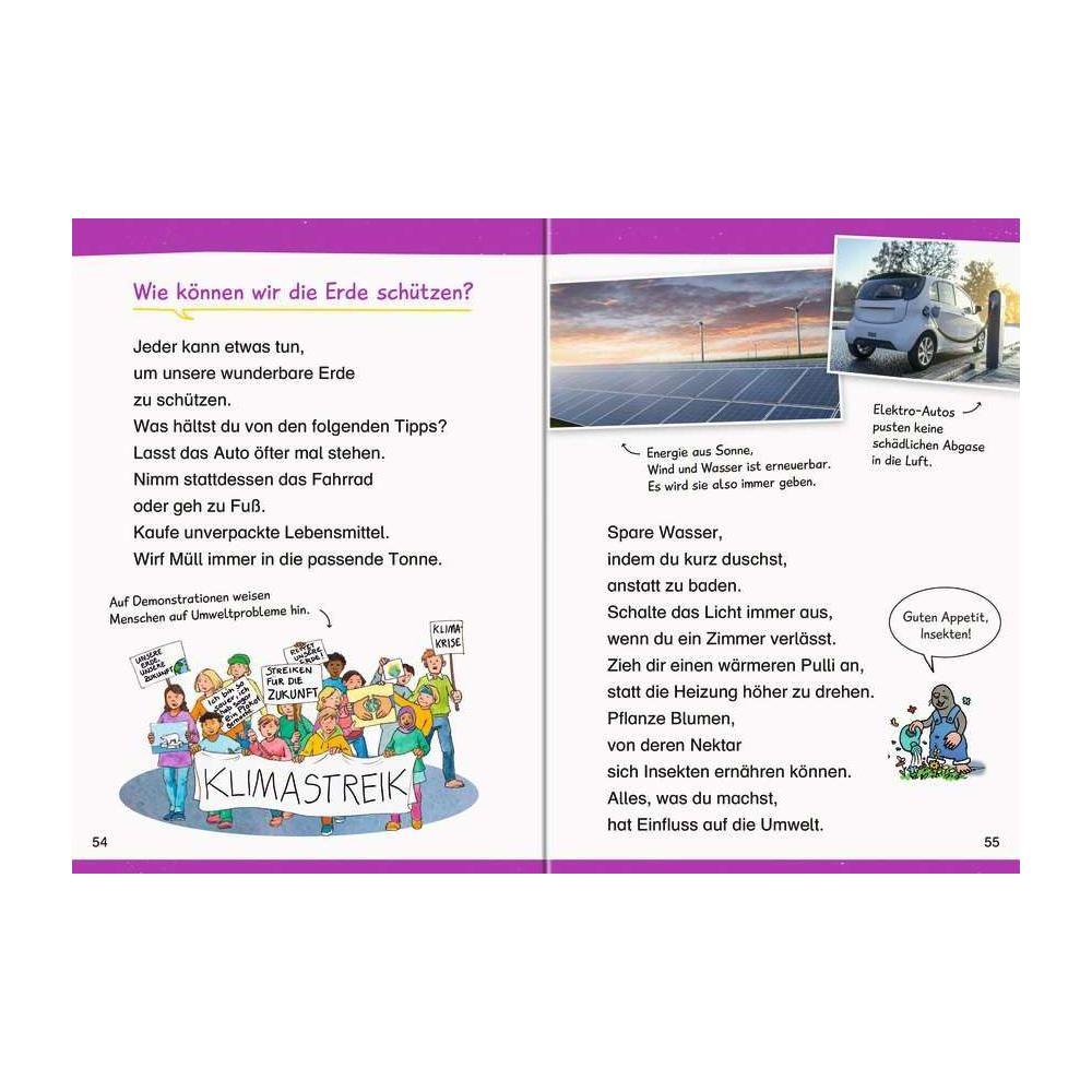 Doppelter Buchseite mit Texten, Illustrationen und Fotos zum Thema Umweltschutz und Klimastreik.