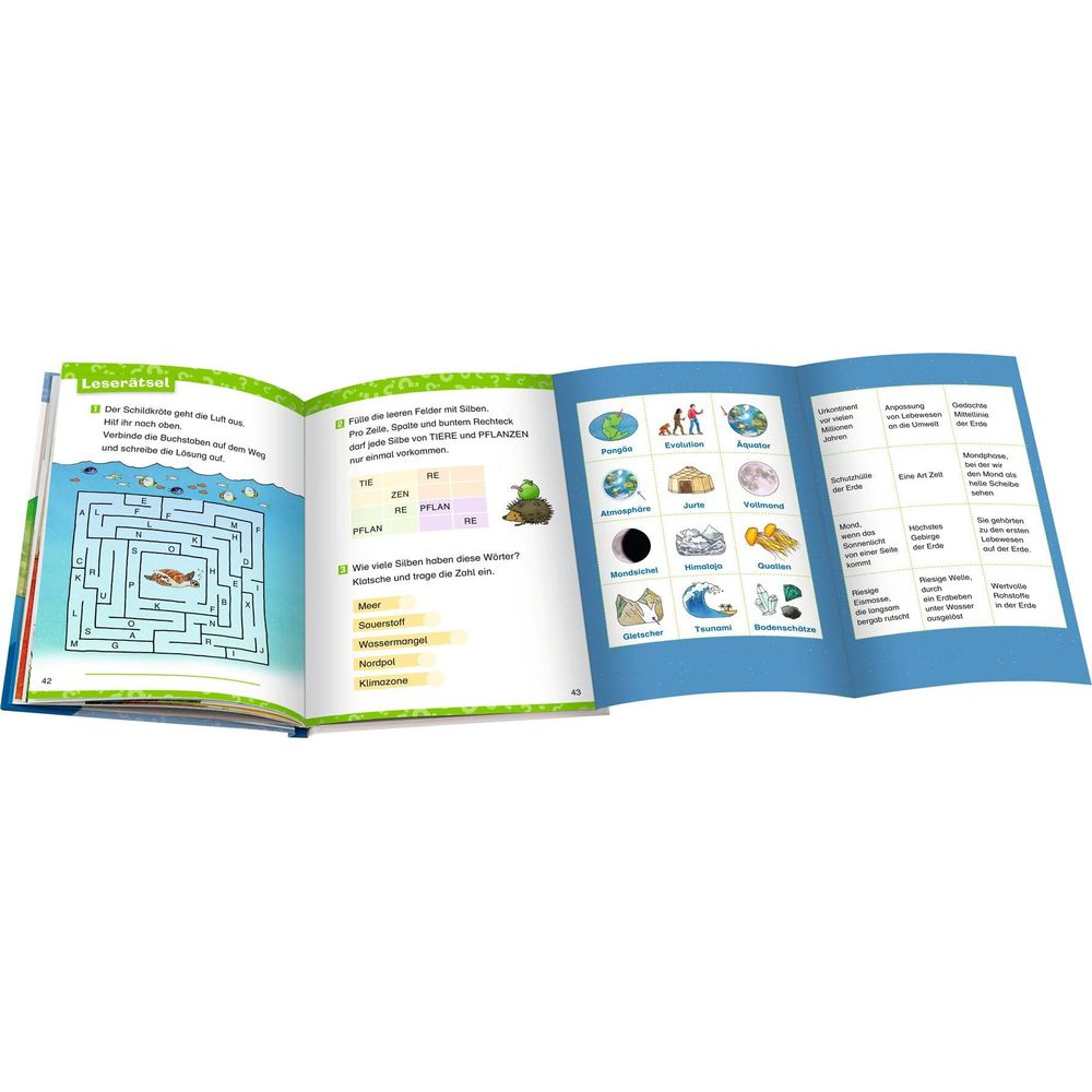 Ein offenes deutsches Kinderbuch mit Rätseln, Texten und bunten Illustrationen auf den Seiten 42 und 43.