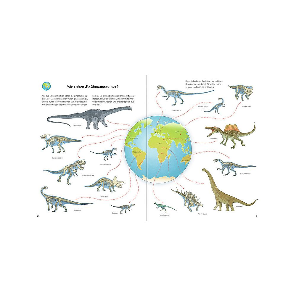 Eine Buchseite mit Dinosauriern, deren Skeletten und einer Weltkarte in der Mitte.