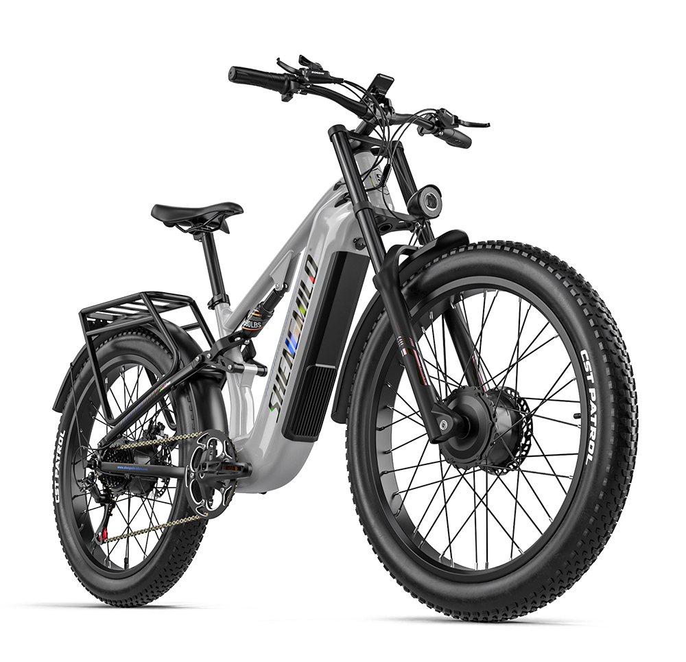 Una mountain bike elettrica grigia con pneumatici larghi, sospensione anteriore e portapacchi.