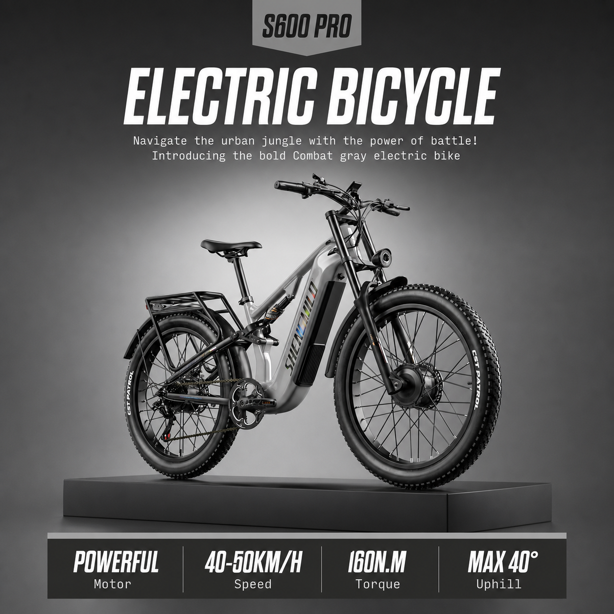 Bicicletta elettrica grigia S600 Pro su podio con velocità 40-50 km/h e coppia 160 N.m.