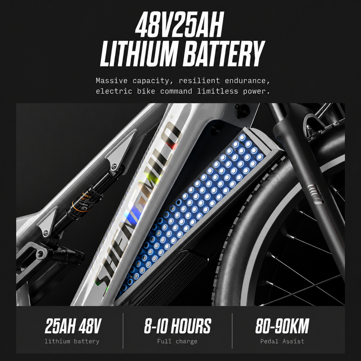 Un telaio per bici elettrica con batteria al litio 48V25Ah integrata e celle blu luminose.