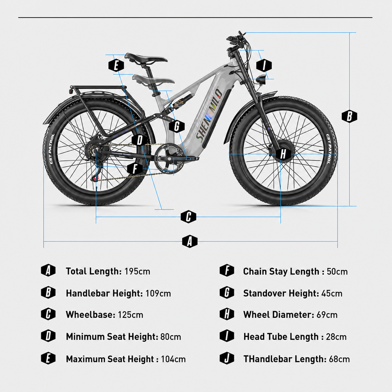 Diagramma di una e-bike Shenmilo con misurazioni ed etichette per lunghezza, altezza e diametro.