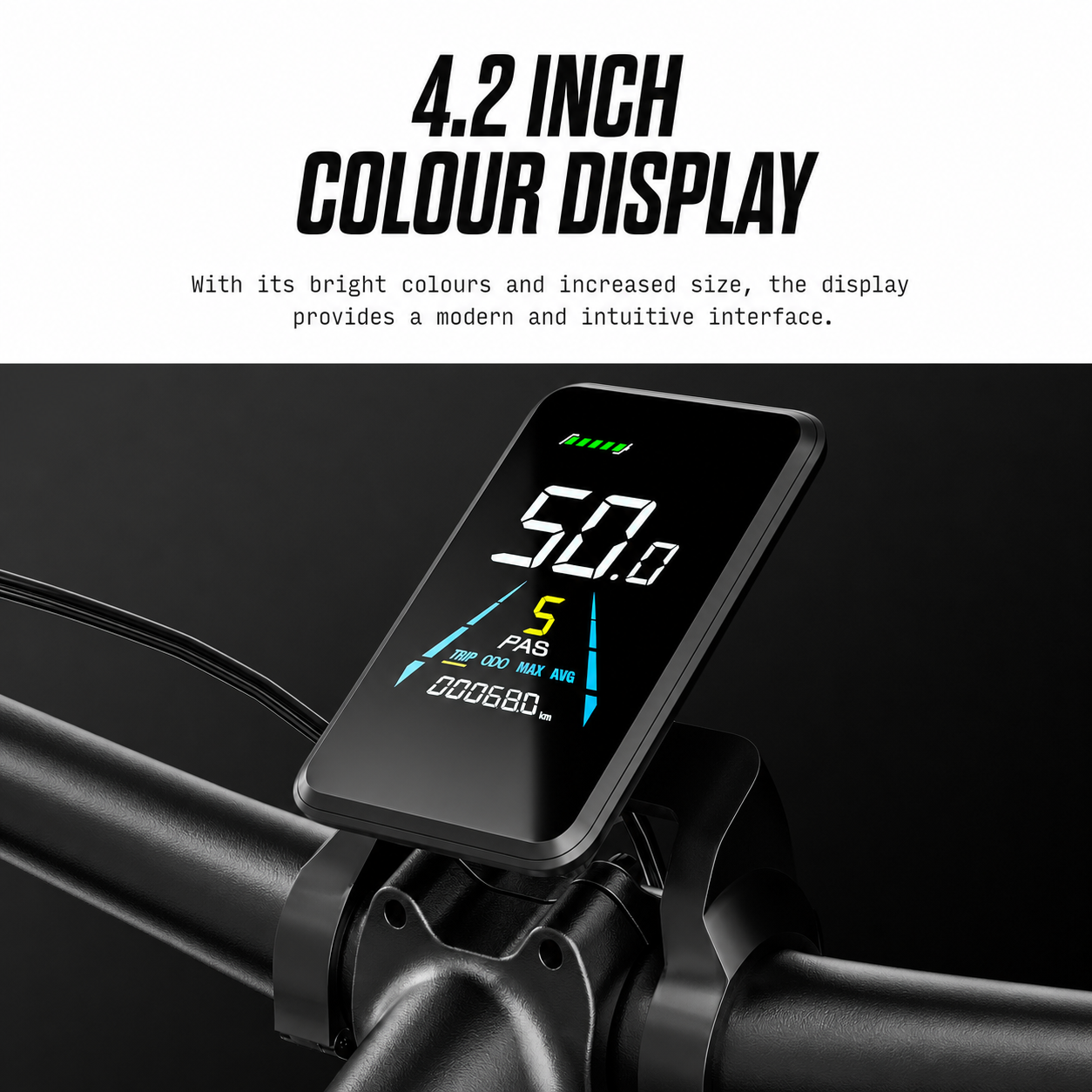 Un display a colori da 4,2 pollici sul manubrio di una bicicletta mostra velocità e batteria.