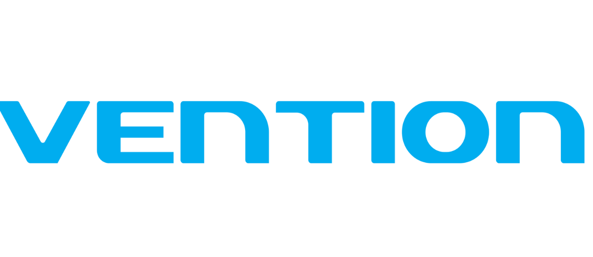 Il logo blu di Vention su uno sfondo bianco.