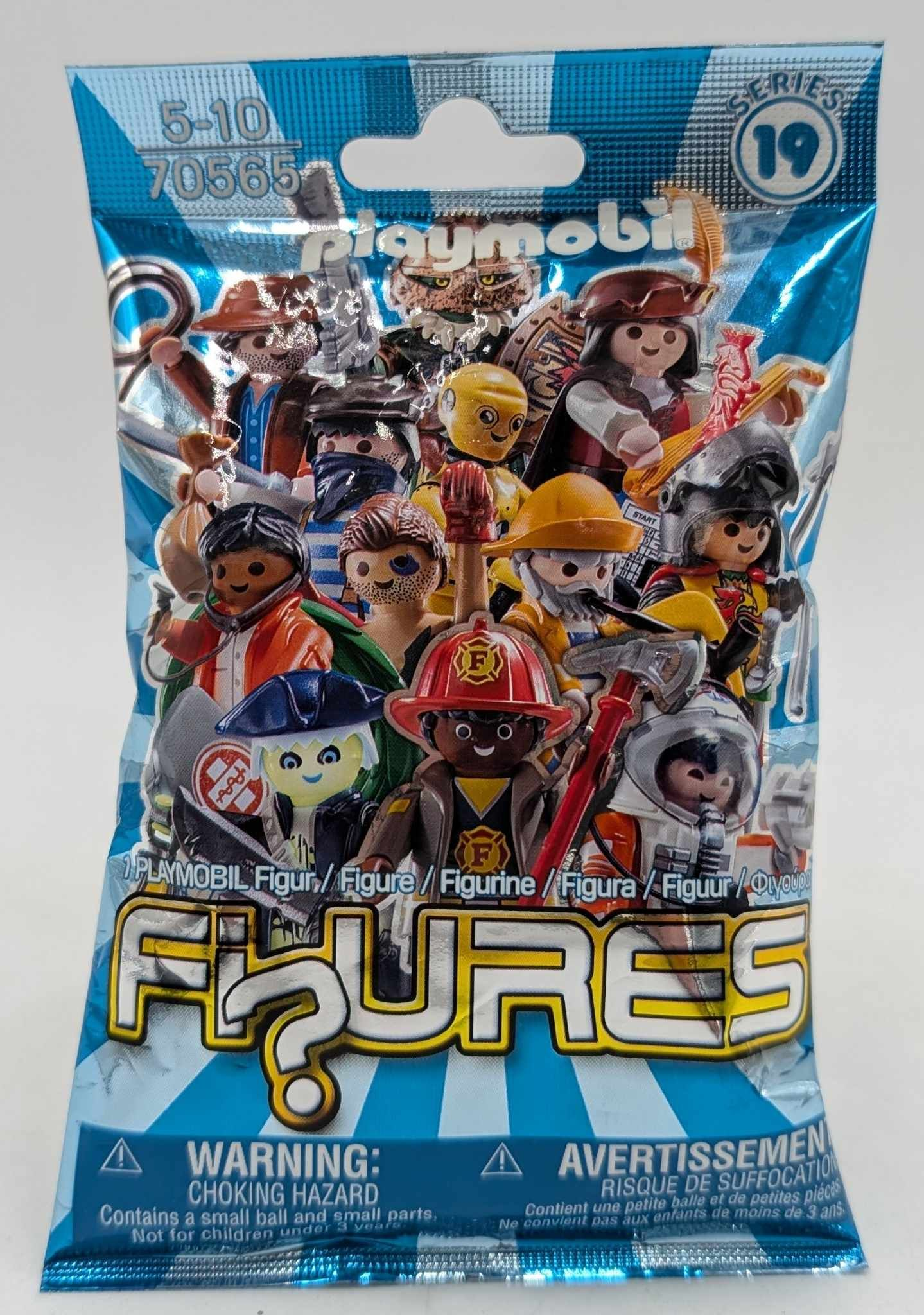 Bolsa sorpresa de figuras Playmobil Serie 19 con varios diseños de personajes sobre fondo azul.