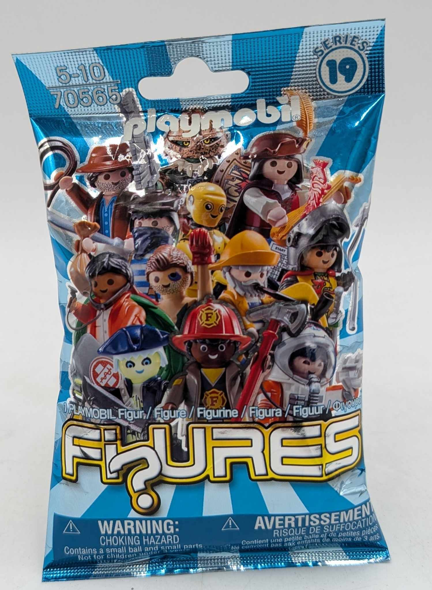 Una bolsa sorpresa azul de Playmobil Series 19 Figures con varias ilustraciones de personajes.