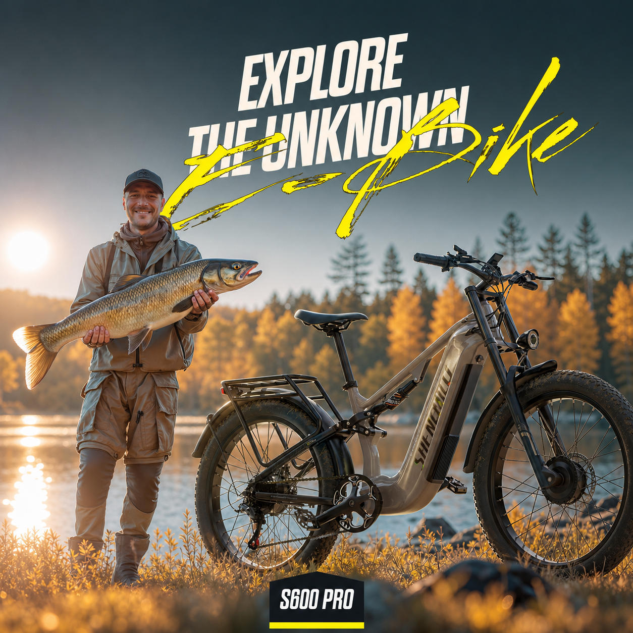 Ein lächelnder Mann mit großem Fisch steht neben einem E-Bike am See bei Sonnenuntergang.
