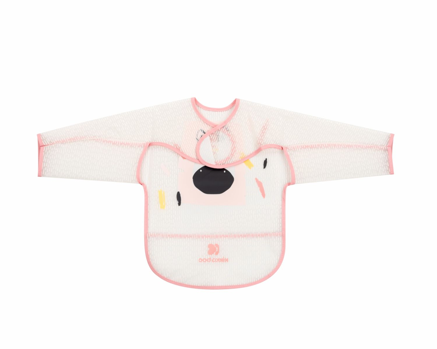 Weisser Babylatz mit langen Ärmeln, rosa Paspeln und einem niedlichen Tiergesicht-Aufdruck auf weißem Hintergrund.