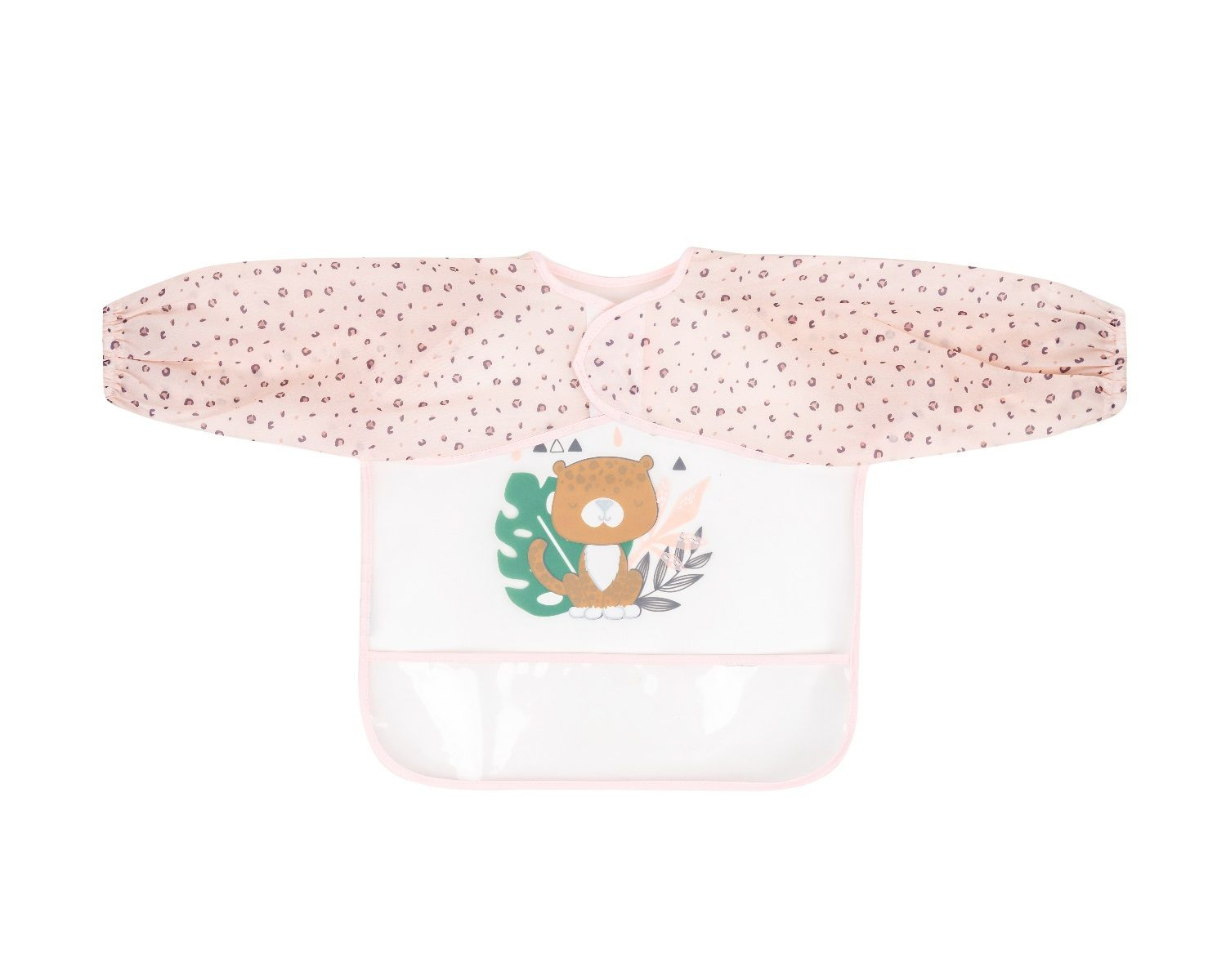 Rosa Babylätzchen mit langen Ärmeln, Tiermotiv und transparenter Vordertasche vor weißem Hintergrund.