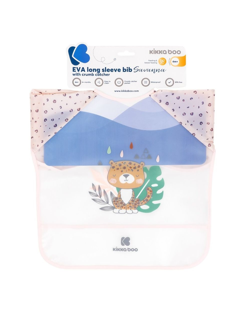 KikkaBoo EVA Langarm-Babylätzchen mit Leopardenmotiv, Krümelfänger und Verpackung.
