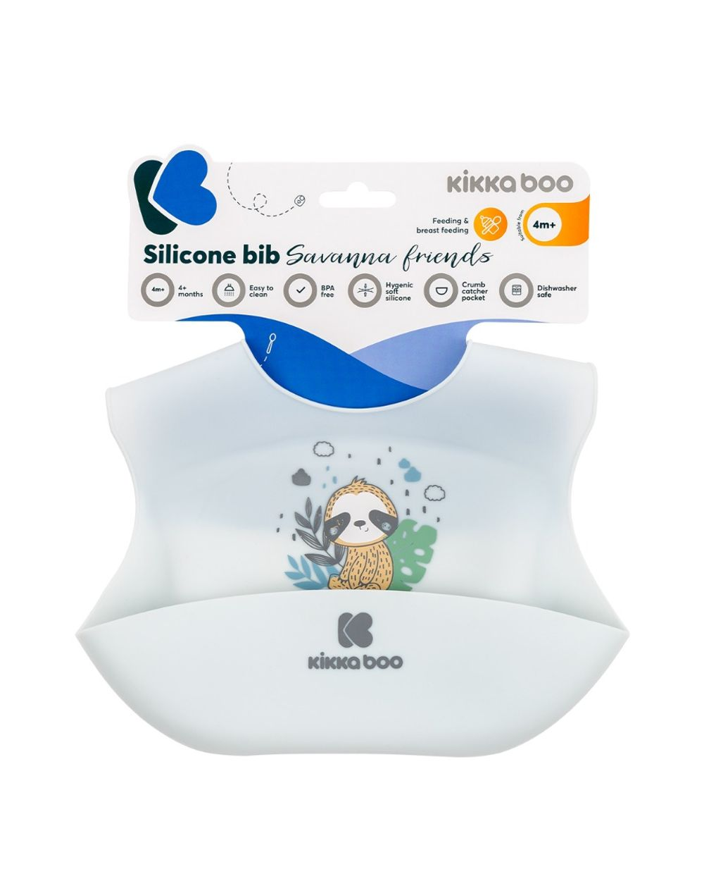 Ein weißes Silikon-Lätzchen mit einer Faultier-Illustration und Kikka Boo Verpackung.