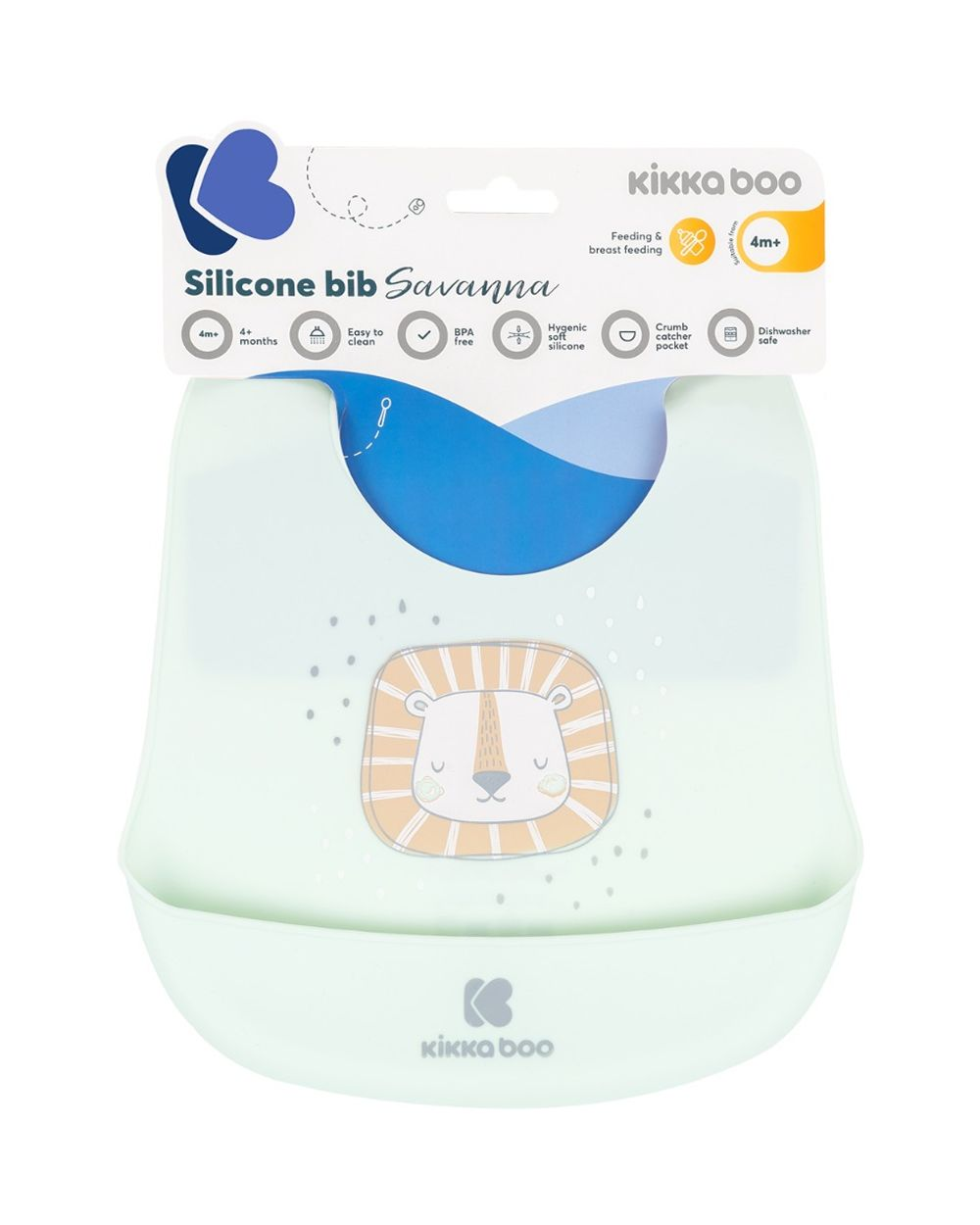 Hellgrünes Silikon-Lätzchen mit Löwen-Grafik und Verpackung mit Markenzeichen.
