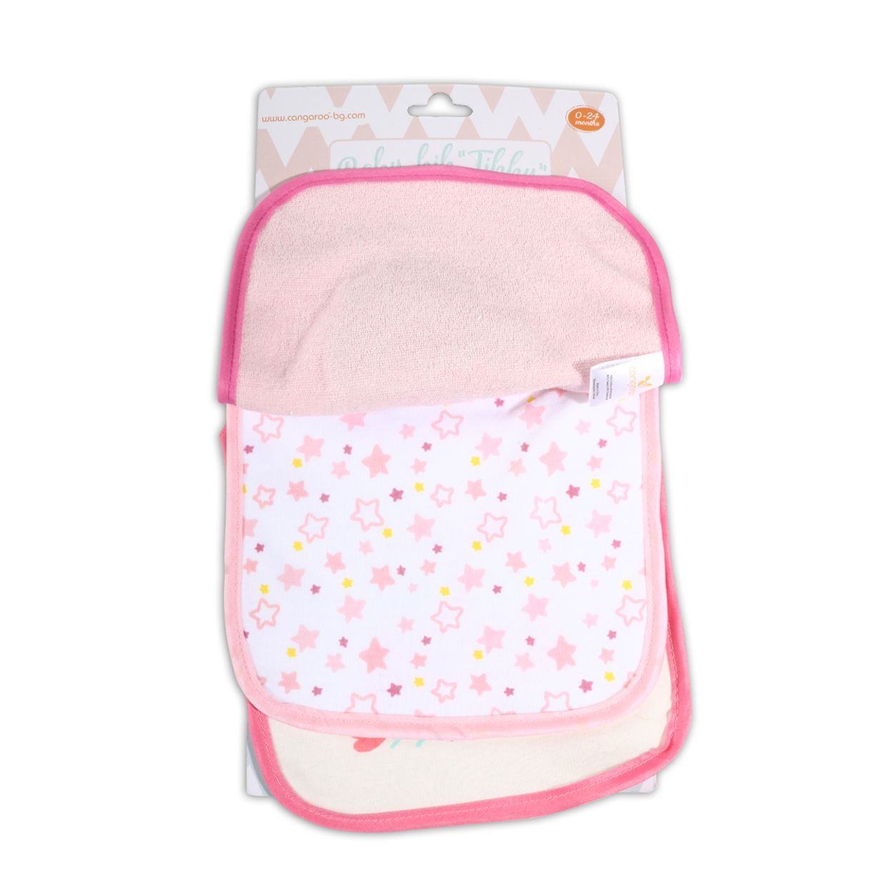 Ein Set aus rosa-weißen Baby-Lätzchen mit Sternenmuster, auf einer Markenkarte verpackt.