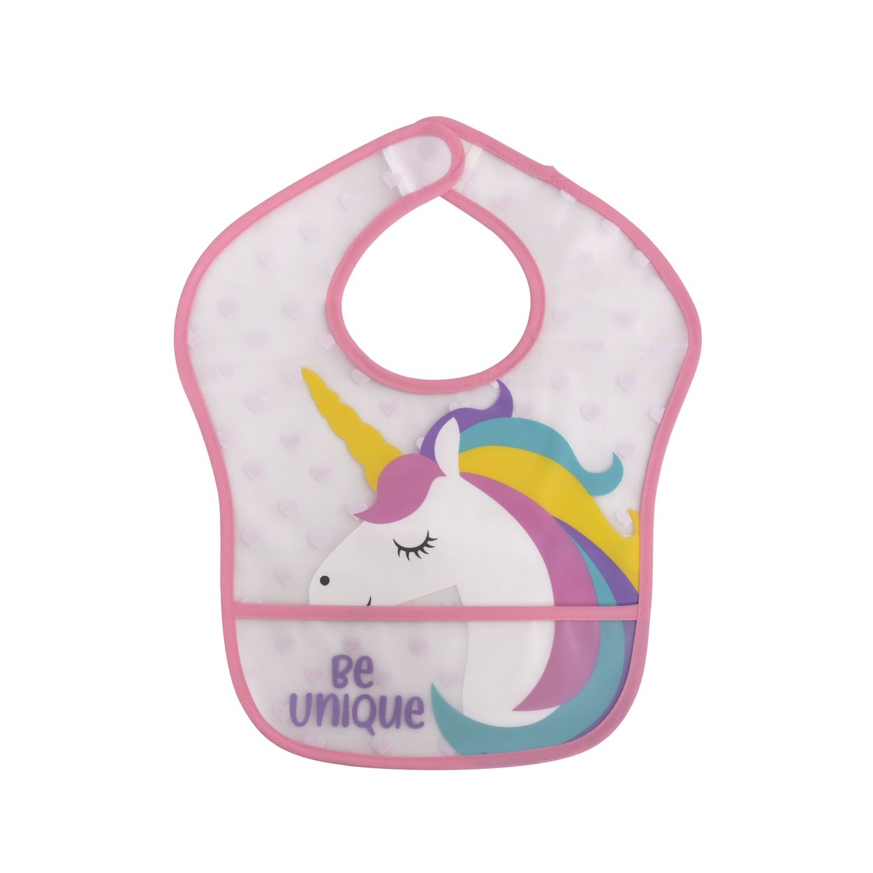 Durchsichtiger, rosa eingefasster Baby-Latz mit Einhorn-Motiv und Aufschrift Be unique sowie einer kleinen Auffangtasche.