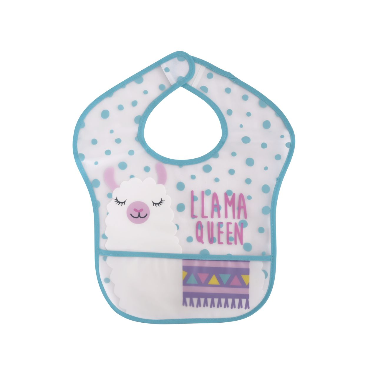 Transparenter Lätzchen mit blauem Rand, blauen Punkten, einem Lama-Grafik und dem Text Llama Queen.