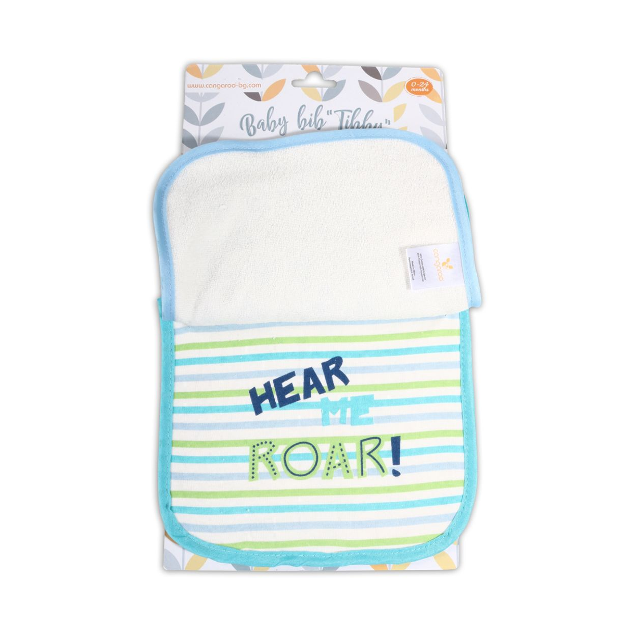 Ein blau-weiß gestreifter Baby-Lätzchen mit der Aufschrift HEAR ME ROAR! in Verpackung.