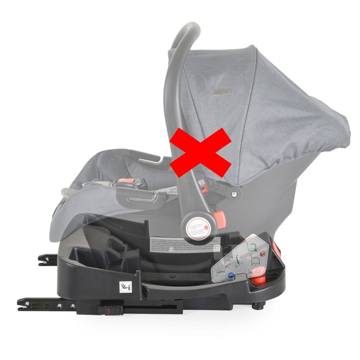 Grauer Babysitz mit schwarzer Basis und rotem X-Symbol.